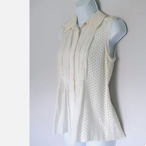 GUC Tory Burch Cream Eyelet Pleated Peplum Shirred Blouse with Raw Edge Trim
